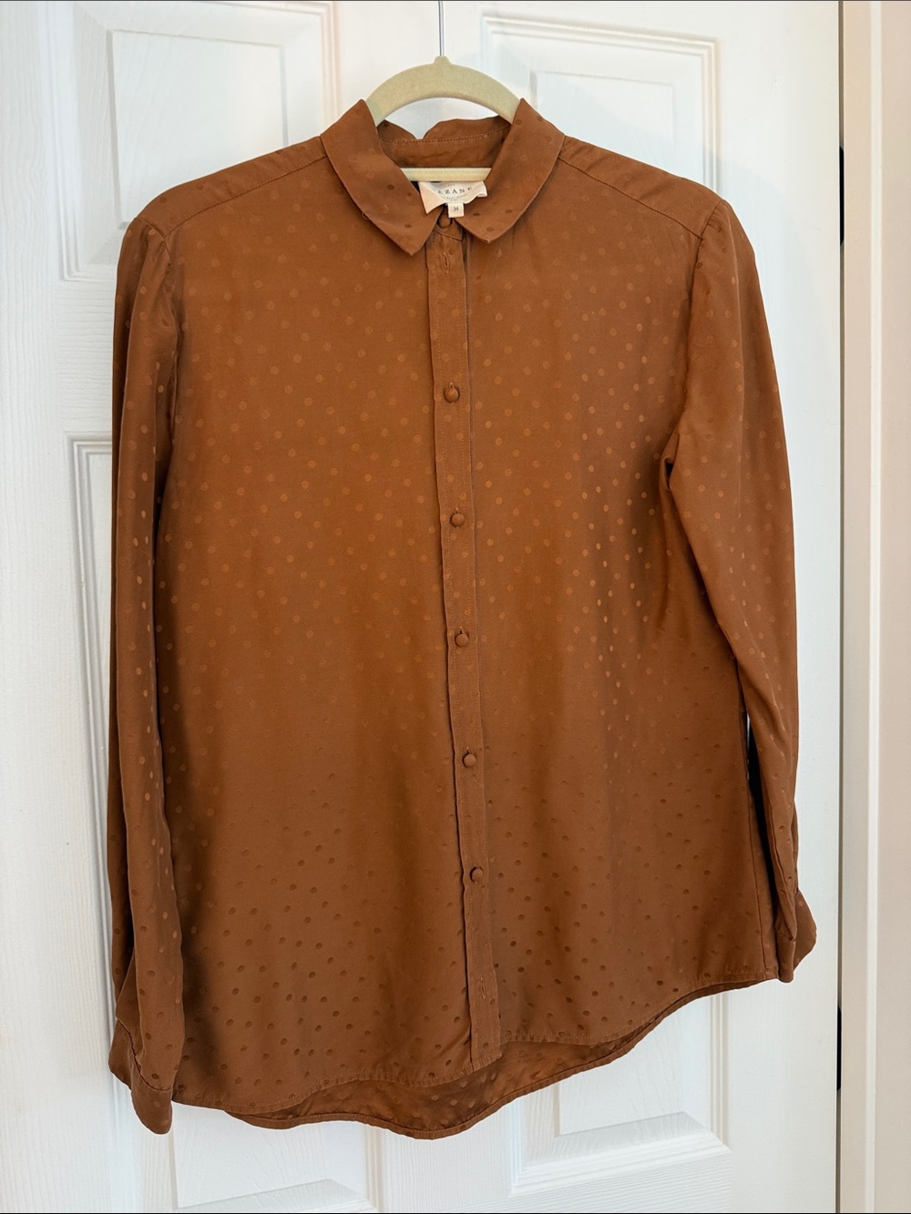 Sezane Women's Brown Copper Polka Dot Button-Front Long Sleeve Silk Blouse Sz 36